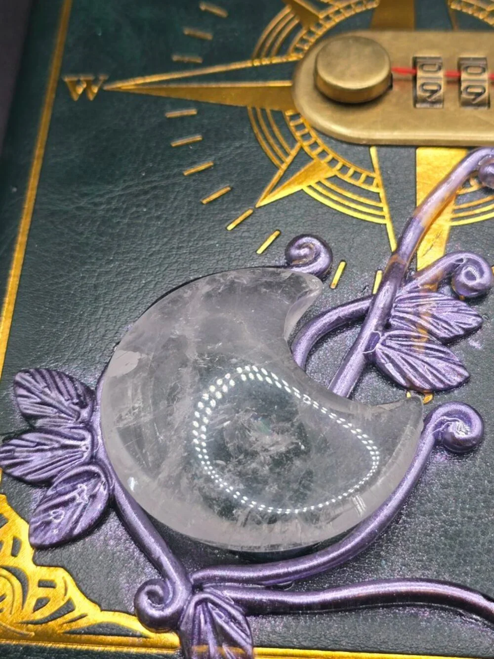 Locking Spell Book Journal | Clear Quartz Crescent Moon & Labradorite Diary